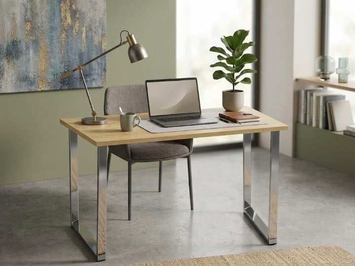 Modern Engineered Wood Study Table With Stainless Steel Frame  Office And Home Desk Pack Of 1 (White Or Beige) (Beige)