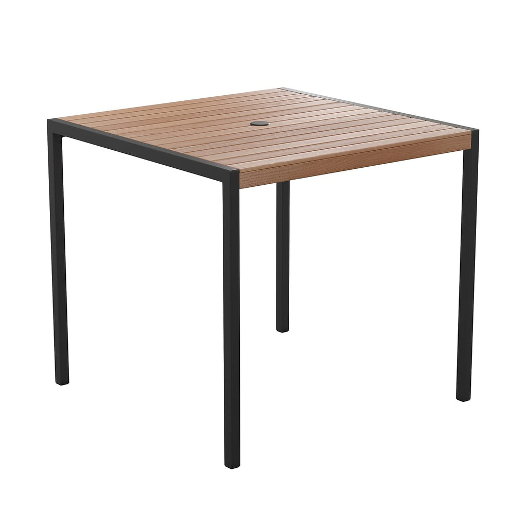Flash Furniture Lark Outdoor Steel Dining Table - Faux Teak Poly Slatted Top - Commercial Grade Dining Table with Black Frame - 35" Square - Umbrella Holder Hole