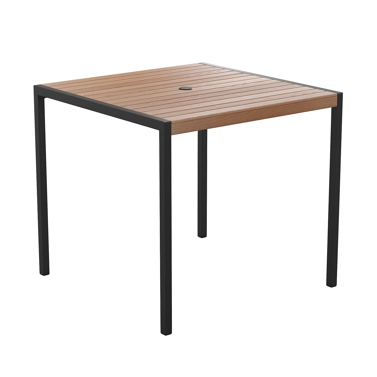 Flash Furniture Lark Outdoor Steel Dining Table - Faux Teak Poly Slatted Top - Commercial Grade Dining Table with Black Frame - 35" Square - Umbrella Holder Hole