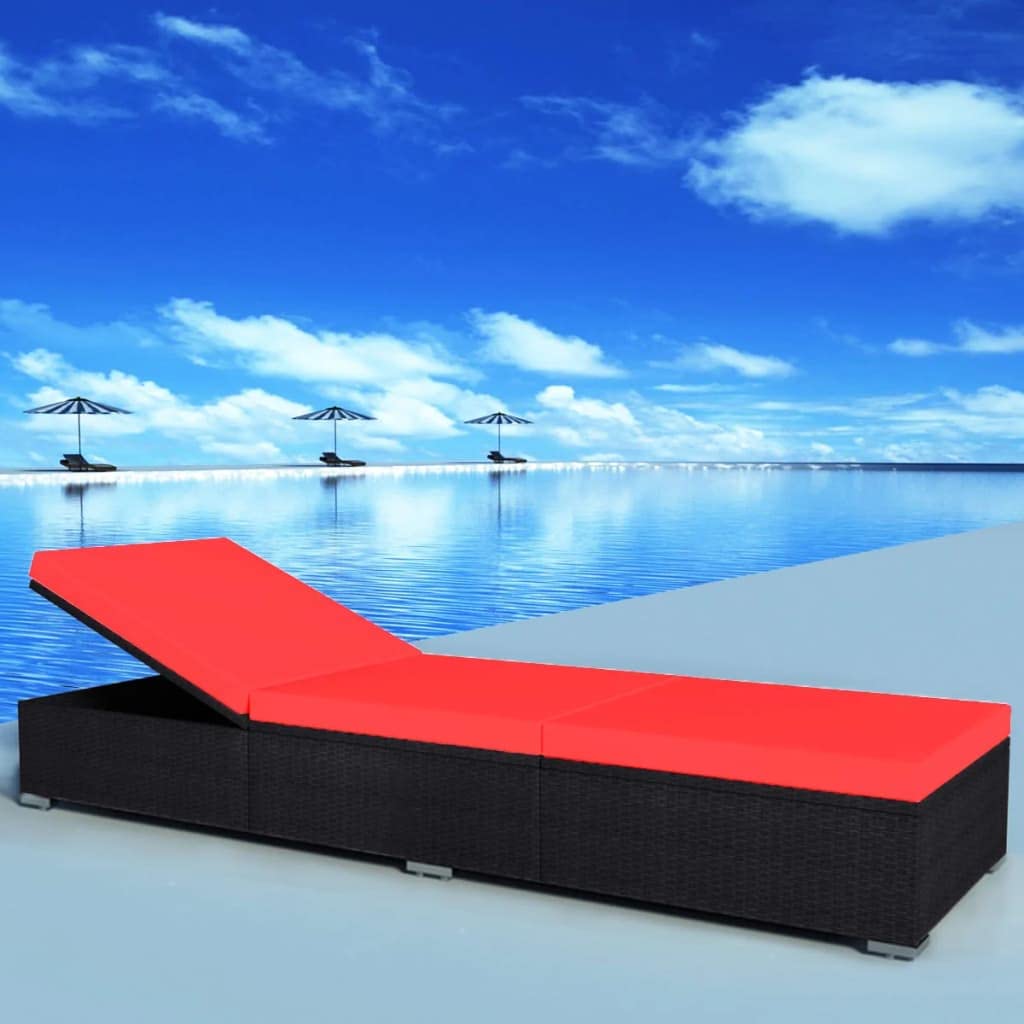 vidaXL Outdoor Sun Lounger with Cushion - Adjustable Comfort, Water-Resistant Poly Rattan, Black and Red, Sturdy Steel Frame - Ideal Garden or Patio Furniture