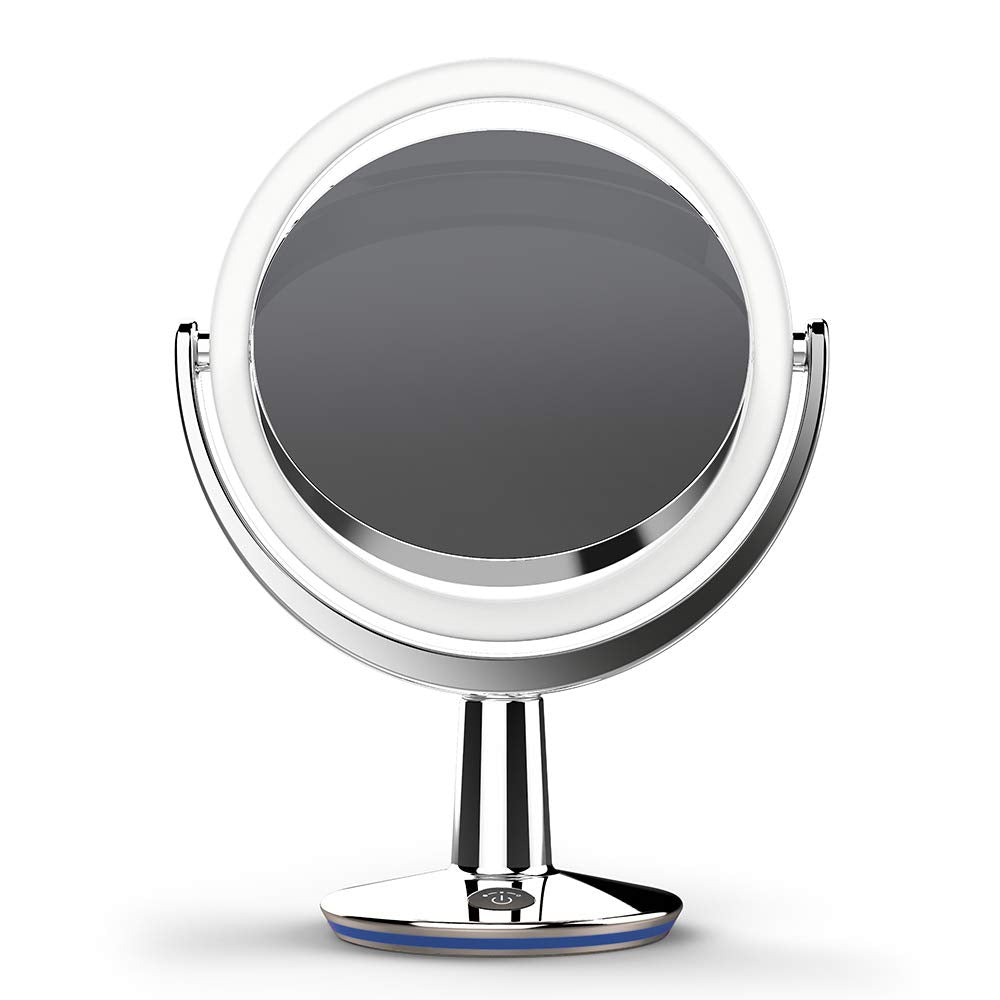 SuperGlow 9 Round Shaped Dual-sided Lighted Makeup Mirror, 1X/5X Magnifying Vanity Mirror, Brightness 1000Lux, 360 Degree Rotati
