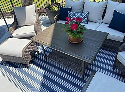 Mad Mats Geometric Outdoor Rug, Reversible Plastic Mat (6' X 9', Vertical Stripe - Blue/White)