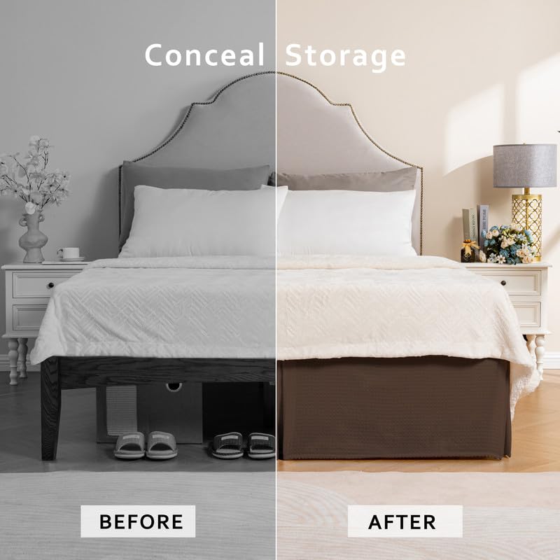 Miye Pleated Waffle Weave Bed Skirt, Tailored Dust Ruffle 12 Inch Drop Easy Fit, Machine Washable (Brown, Twin - 12'' Drop)