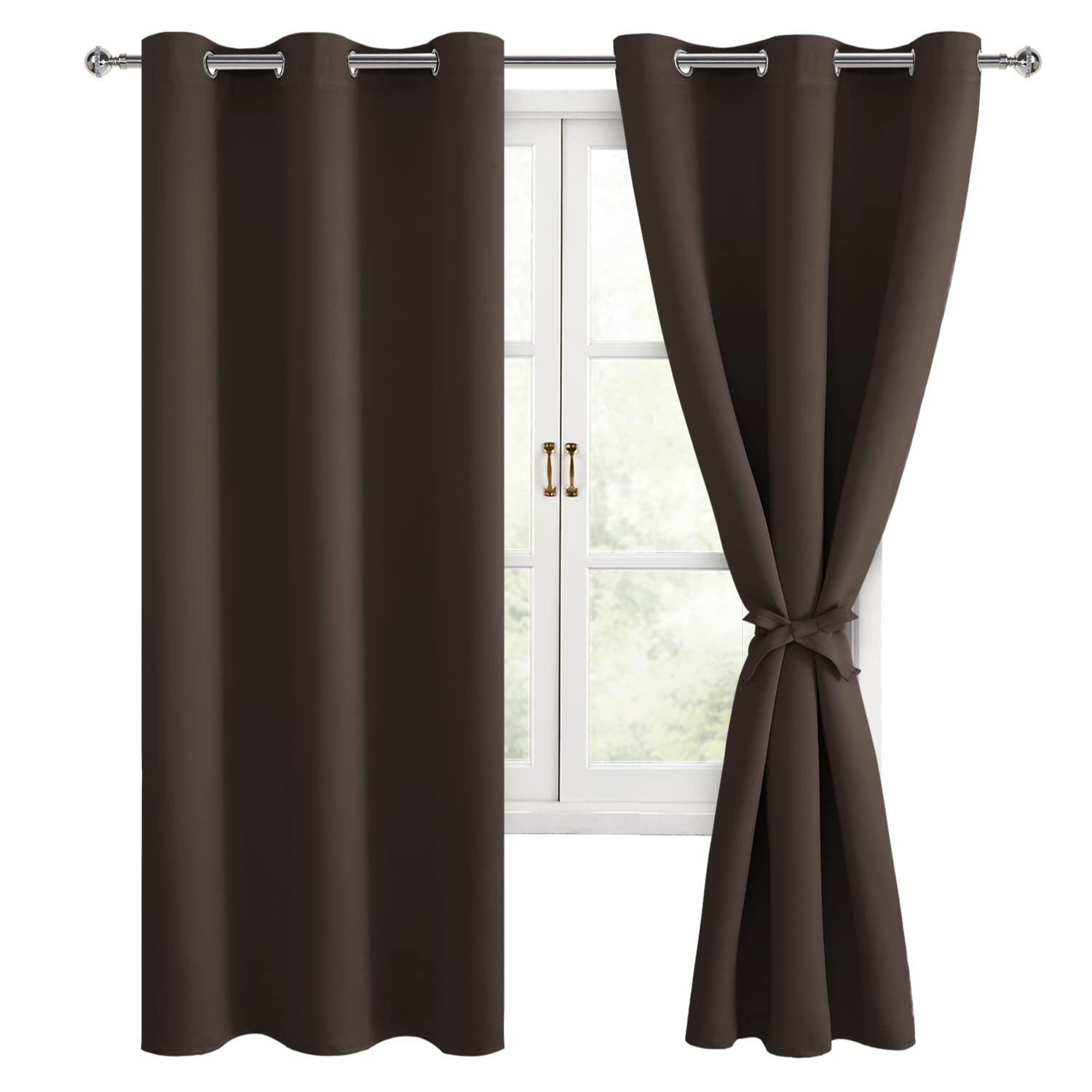 Hiasan Blackout Curtains For Bedroom And Living Room, Thermal Insulated, Noise Reducing Window Curtain Panels, Tiebacks Included, Set Of 2, Grommet Top (Brown, Width 42 Inch X Length 72 Inch)