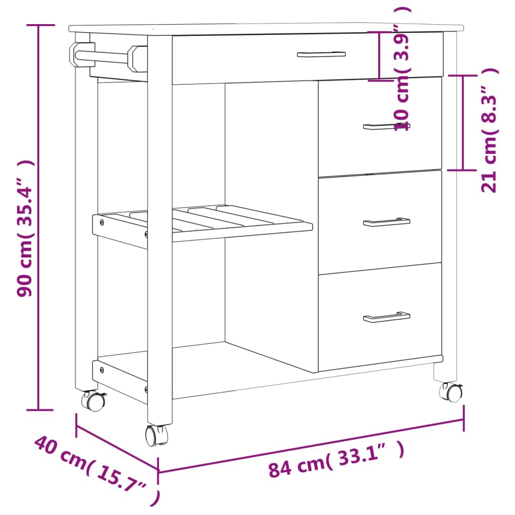 vidaXL Rolling Kitchen Trolley on Wheels - Solid Wood Pine, 4 Drawers, 2 Shelves, Honey Wax Finish, 33.1"x15.7"x35.4", Multipurpose Cart