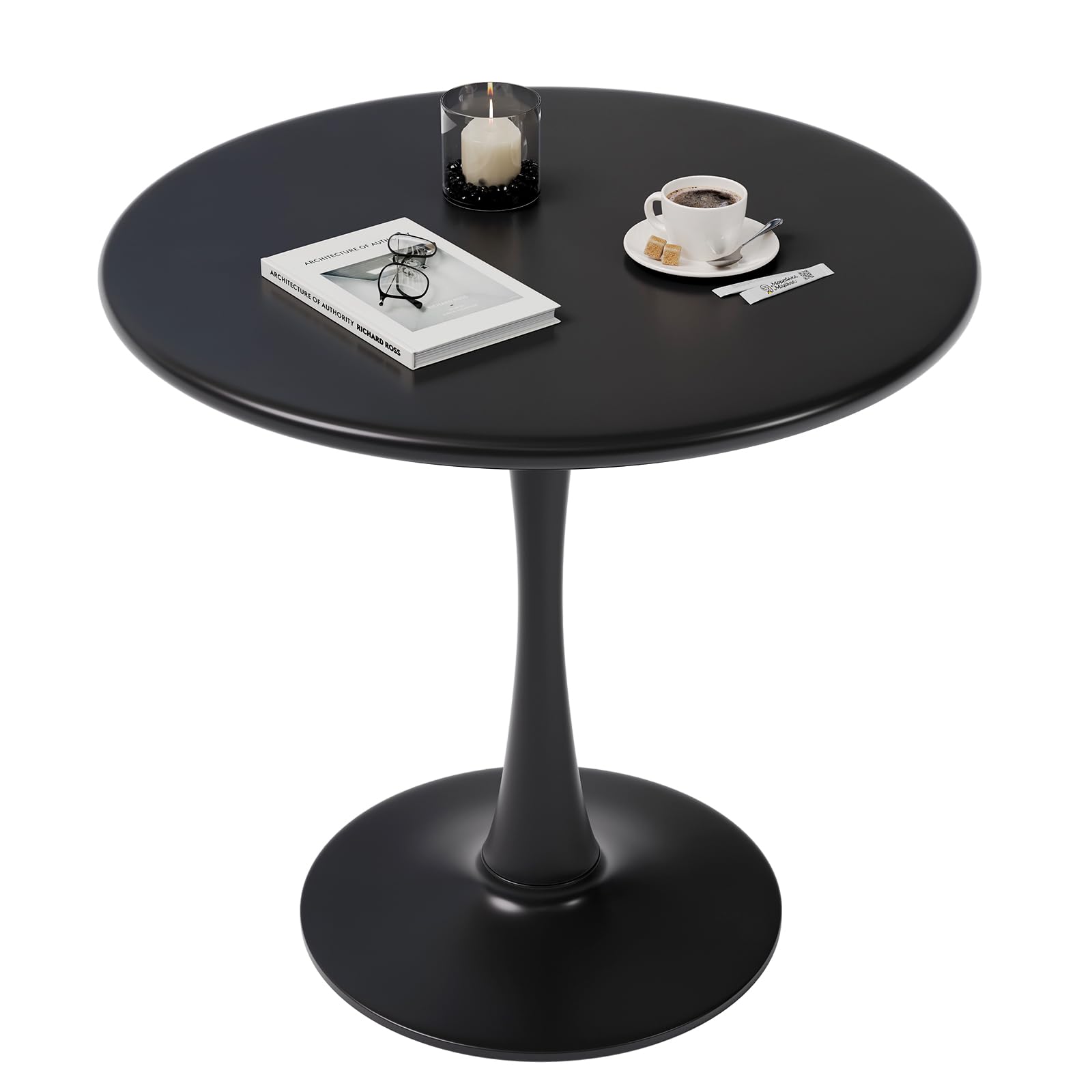 Black Small Tulip Table, 24 Inch Round Dining Table For 2 Person With Pedestal Base For Kitchen, Circle Bistro Table, Mid Centur