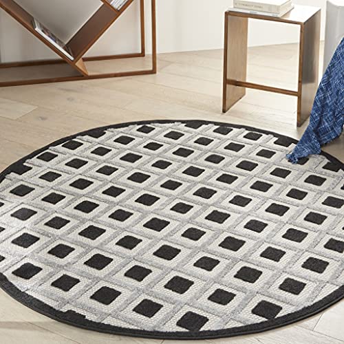 HomeRoots 100% Polypropylene 5’ Round Black White Gray Indoor Outdoor Area Rug