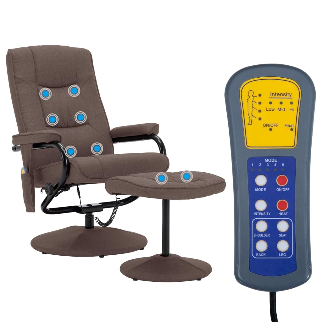 vidaXL Modern Massage Recliner with Footrest - Brown Fabric - Relaxation Chair for Living Room or Office, Feature-Packed with 8-Point Massage, Heat Function, Easy Assembly