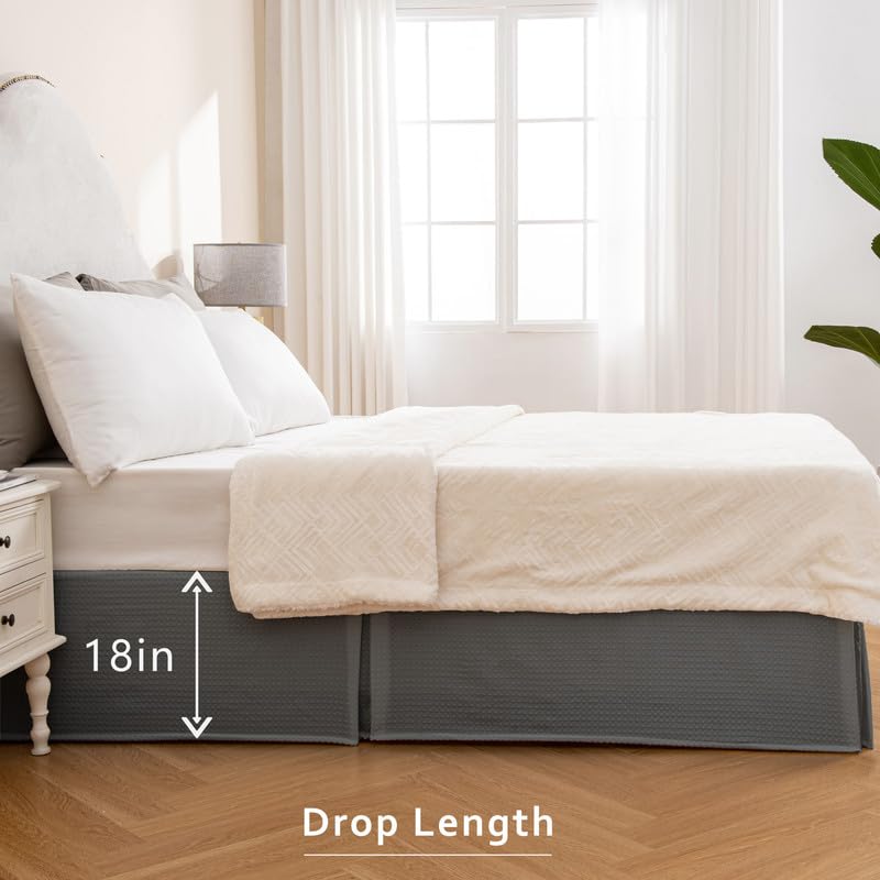 Miye Pleated Waffle Weave Bed Skirt, Tailored Dust Ruffle 18 Inch Drop Easy Fit, Machine Washable (Dark Grey, Queen - 18'' Drop)