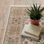 HomeRoots 509385 8 x 11 ft. Ivory & Gold Oriental Power Loom Stain Resistant Rectangle Area Rug with Fringe