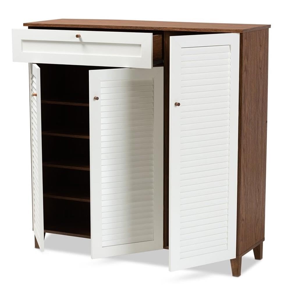 Baxton Studio Coolidge Walnut Finished 11-Shelf Wood Shoe Cabinet with Drawer