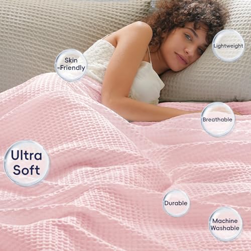 Phf Ultra Soft Waffle Weave Blanket King Size 104'X 90'- Washed Lightweight Breathable Cozy Woven Blanket For Bed - Aesthetic Decor For Couch Bedding Sofa Home Car - Light Pink