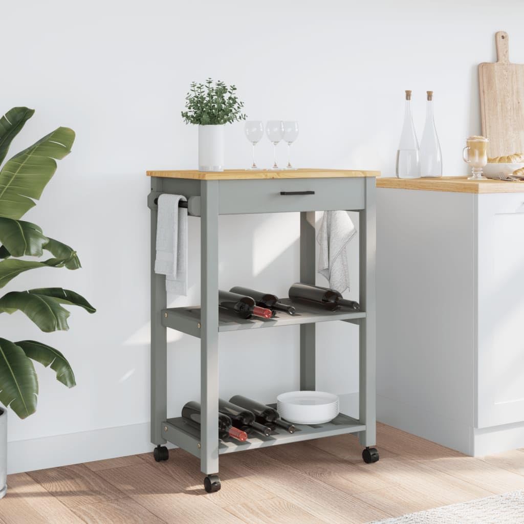 vidaXL Pine Wood Kitchen Trolley - Rolling Storage Cart with Drawer, Shelves, Locking Wheels - Gray/Honey Wax, 23.6"x15.7"x35.4"