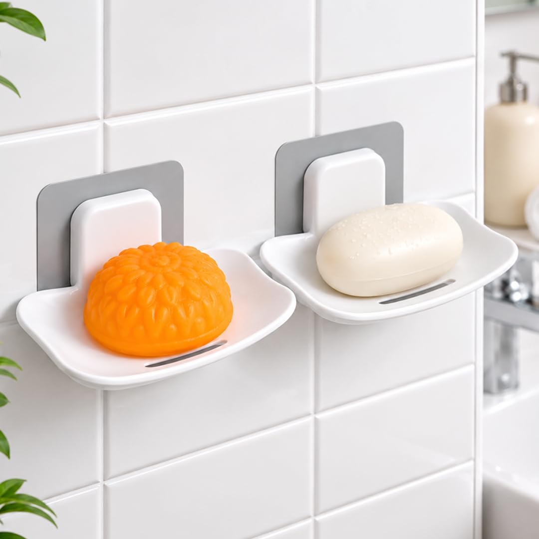 Glozmy Selfadhesive Soap Holder For Bathroom, Pack Of 2 | Wall Mounted Nodrill Plastic Soap Dish With Drainage | Soap Stand Fo