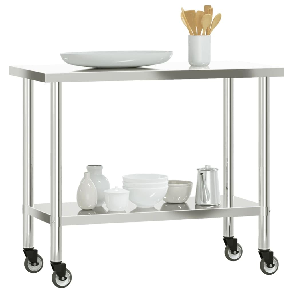 vidaXL Stainless Steel Rolling Kitchen Work Table - 43.3"x21.7"x33.5", Lower Shelf, Lockable Wheels for Restaurant & Commercial Use