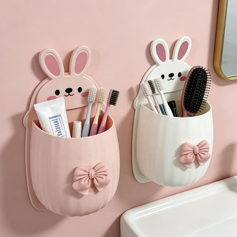 Cute Bunny Toothbrush Holder Wall Mounted | Self Adhesive Toothpaste Storage Organizer Cup | Waterproof Plastic Bathroom Toothbr