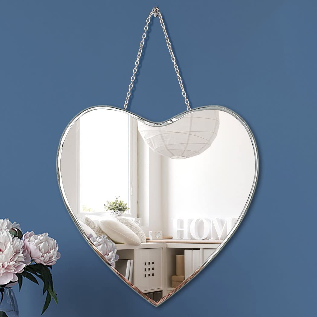 QMDECOR Heart Shaped Mirror with Iron Chain for Wall Decor 12x12 inch Wall Hang Real Glass Frameless Decorative Mirror Glam Mirr