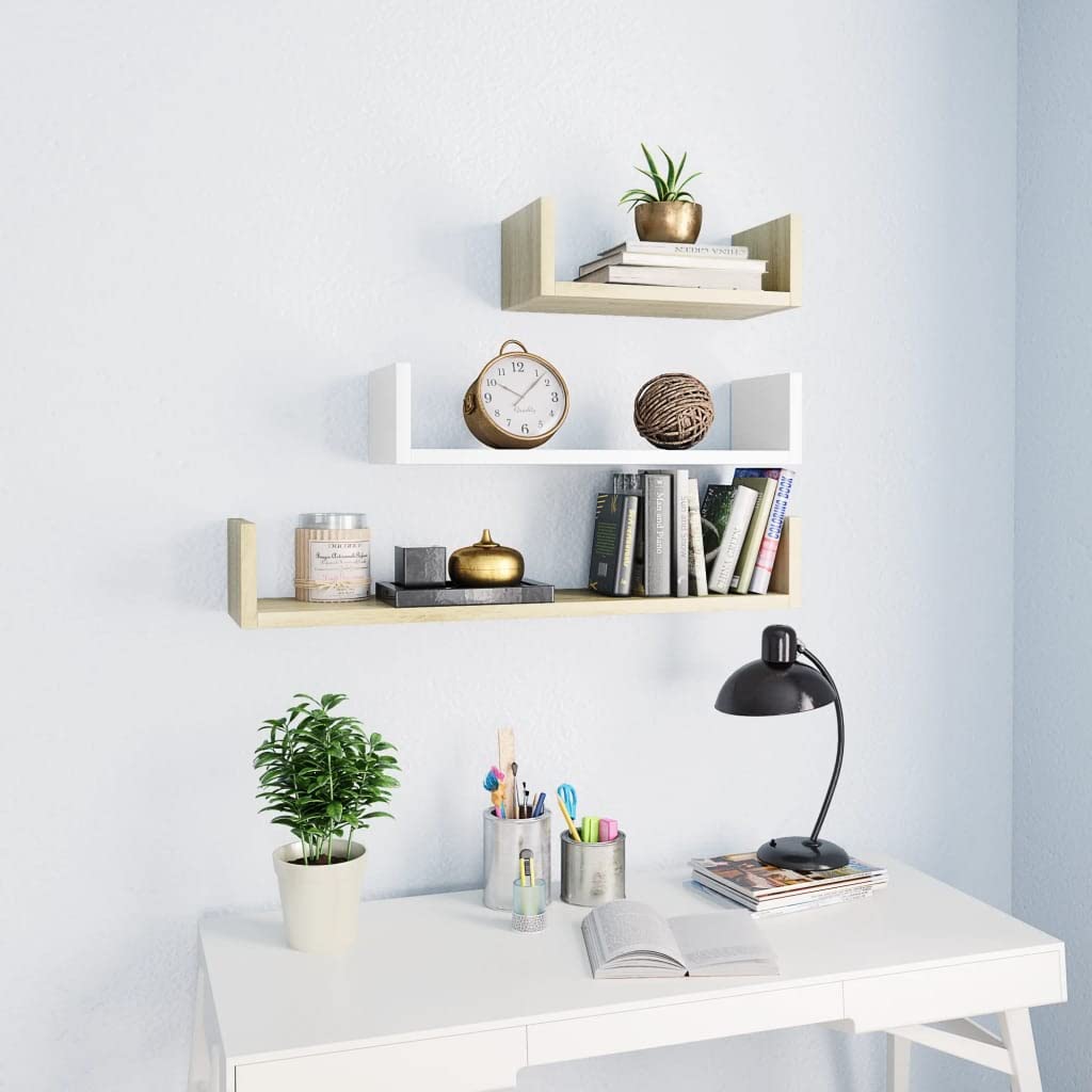 vidaXL Set of 3 Wall Display Shelves - Multicolour White and Sonoma Oak Engineered Wood - Easy Install Durable Floating Shelves for Home Office Decor