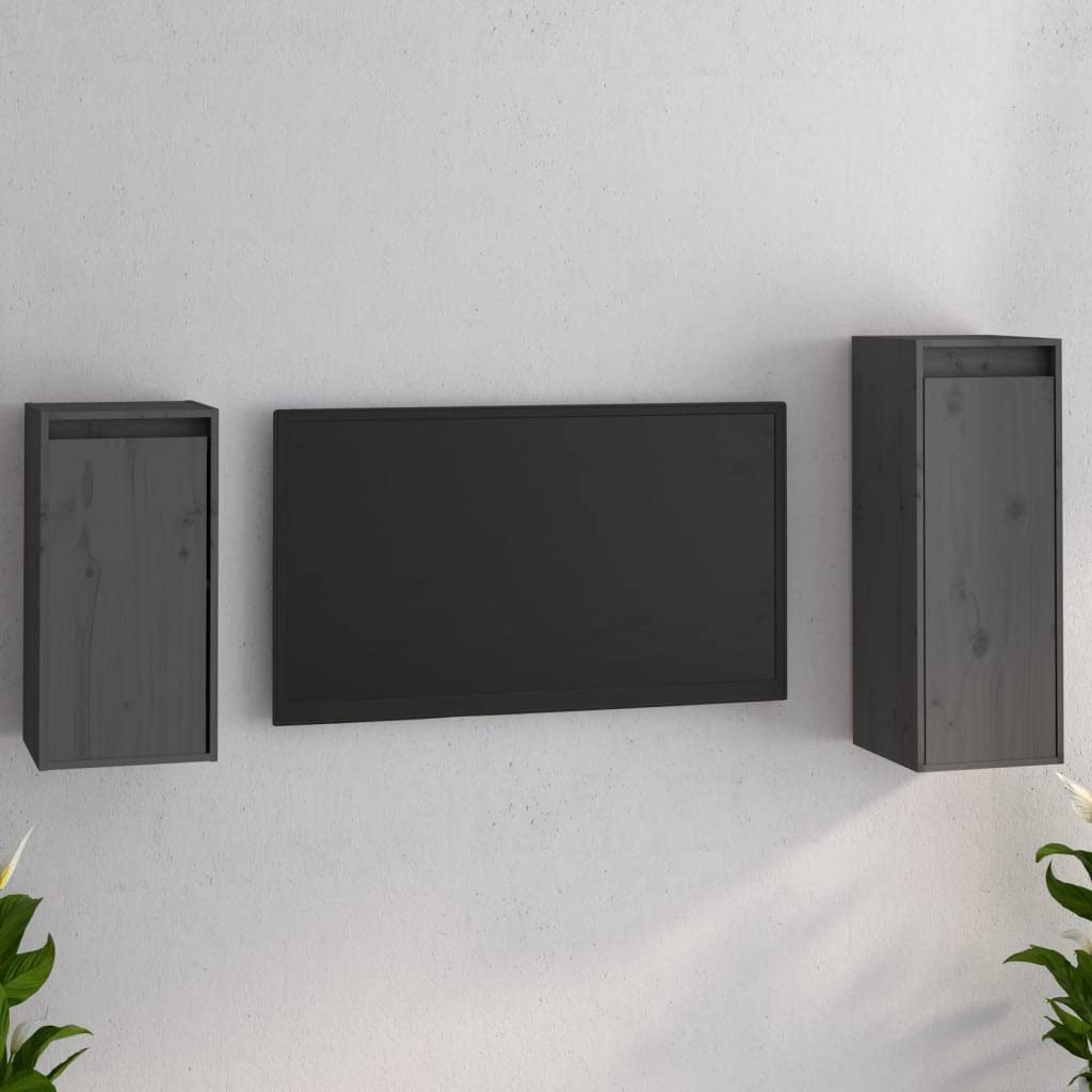 vidaXL Solid Pinewood TV Stands 2 Pcs - Wall Units for Storage - Gray Television Cabinets - Easy to Clean Units with Trendy Design