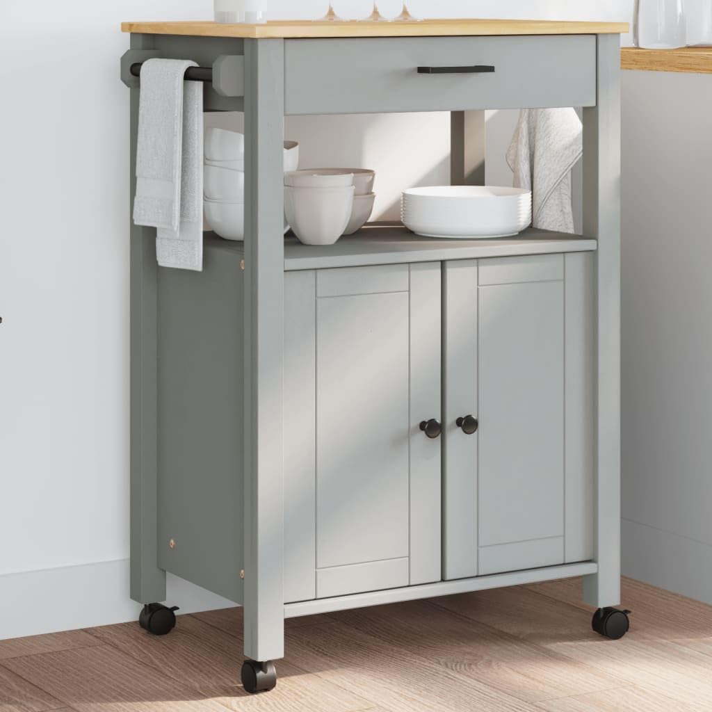 vidaXL Kitchen Trolley Rolling Cart - Solid Pine Wood with Drawer, 2 Doors, Wheels, Gray/Honey Wax, 23.6"x15.7"x35.4"