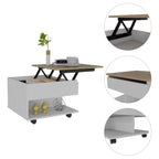 Babel 22-inch Wide Lift Top Coffee Table with Caster Wheels and 1 Shelf, White/Light Oak