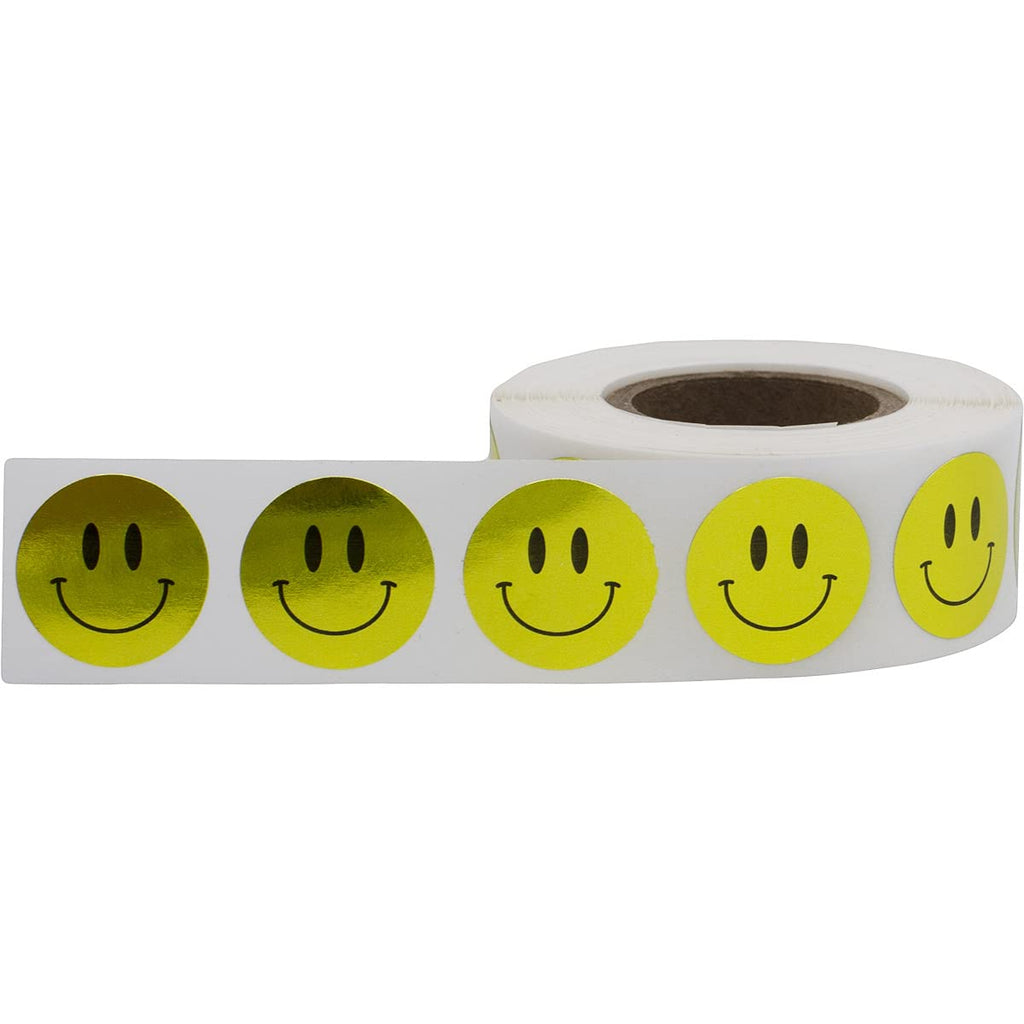 Metallic Gold Happy Face Labels 0.75 Inch 500 Total Adhesive Stickers