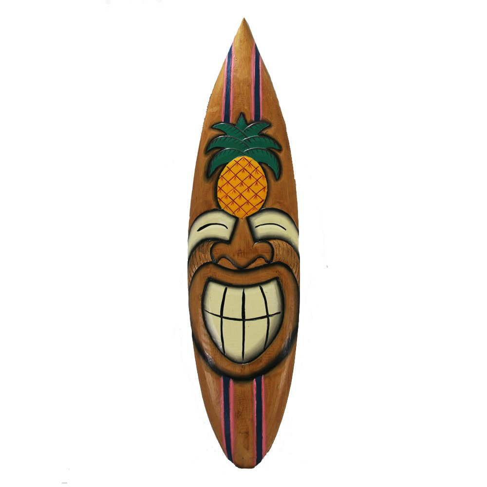 Forever Bamboo Surfboard Tiki Mask Wall Decor Hand-Carved Smiley Pineapple 40