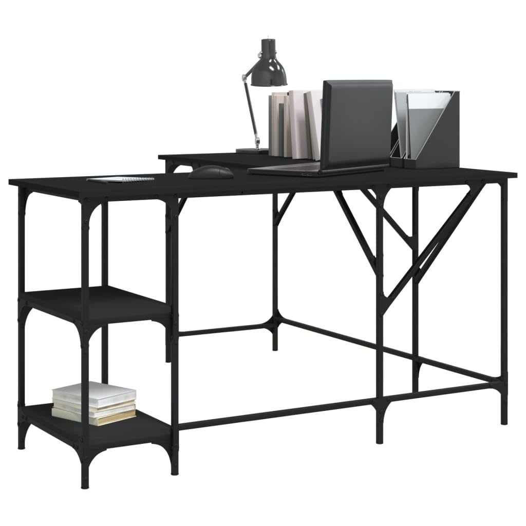 vidaXL Black L-Shaped Engineered Wood Desk - Computer Table with Shelves, Metal Frame, Adjustable Feet for Home/Office