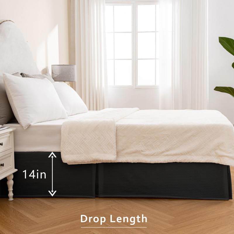 Miye Pleated Waffle Weave Bed Skirt, Tailored Dust Ruffle 14 Inch Drop Easy Fit, Machine Washable (Black, Full - 14'' Drop)