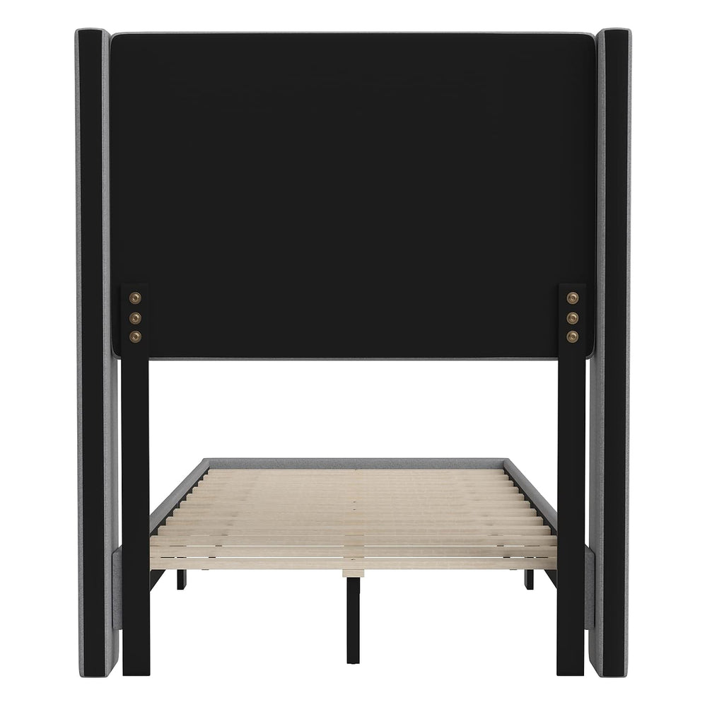 Flash Furniture Hollis Upholstered Platform Bed - Gray Faux Linen Wingback Headboard - Twin - Mattress Foundation with Slatted Supports - No Box Spring Needed