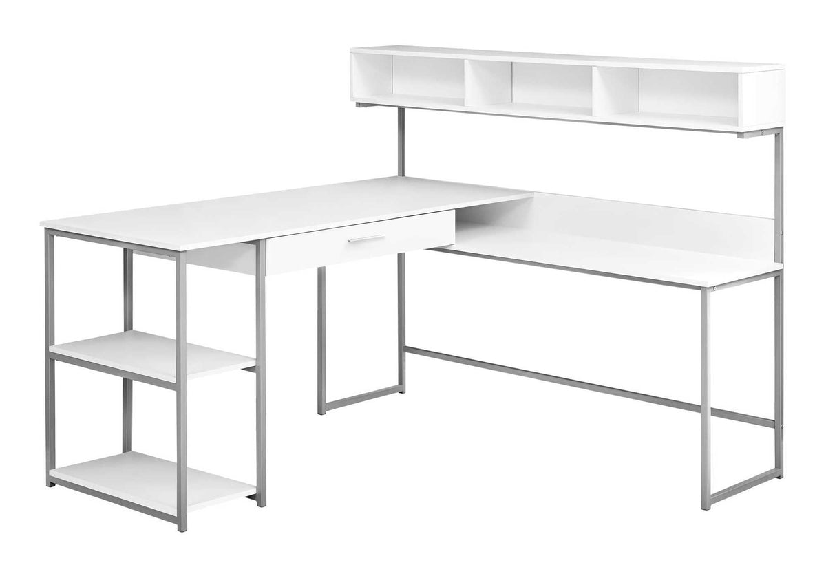 Monarch Specialties Workstation For Home & Office With Multiple Shelves And Drawer Lshaped Corner Desk With Hutch, 60 Inch  L, White