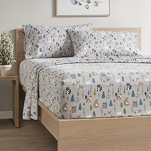 Comfort Spaces Cotton Flannel Breathable Warm, Deep Pocket Sheets With Pillow Case Bedding, Full, Multi Forest Animals 4 Piece