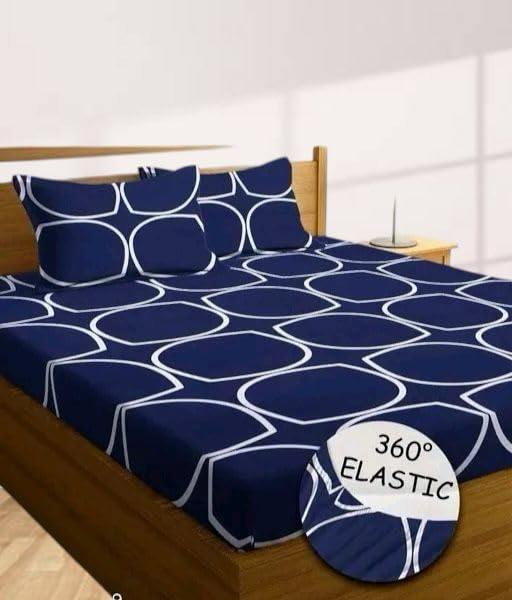 Geeta Homes Cotton Feel Glace Cotton Elastic Fitted Printed King Size Double Bed Bedsheet with 2 Pillow Covers and Fits Upto 8 i