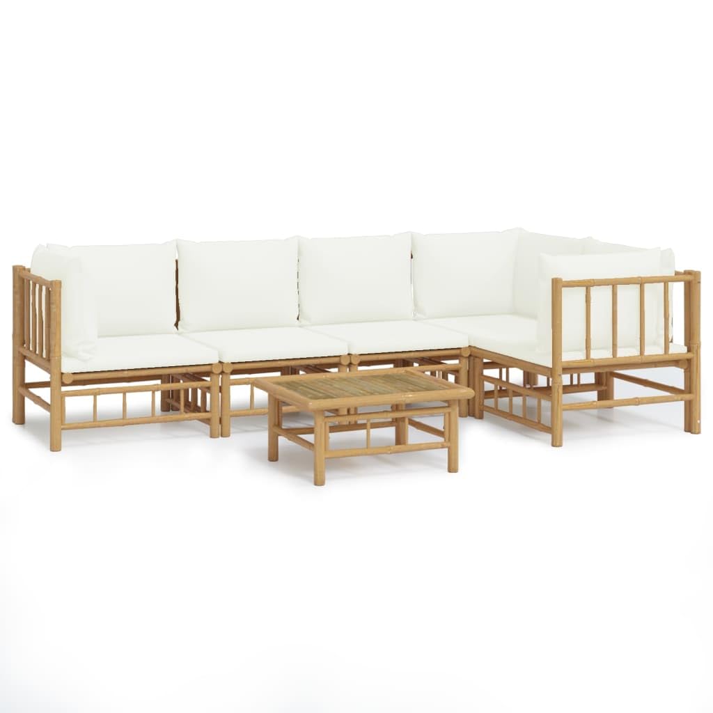 vidaXL Bamboo Patio Lounge Set - 6 Piece Outdoor Garden Sofa Set with Cream White Cushions, Modular Design, Ideal for Patio, Dec