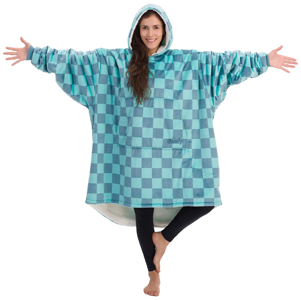 The Comfy Original | Oversized Microfiber & Sherpa Wearable Blanket, Seen On Shark Tank, One Size Fits All (Teal Checkered)