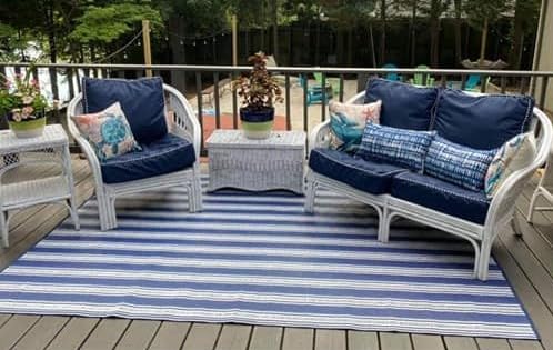 Mad Mats Geometric Outdoor Rug, Reversible Plastic Mat (6' X 9', Vertical Stripe - Blue/White)