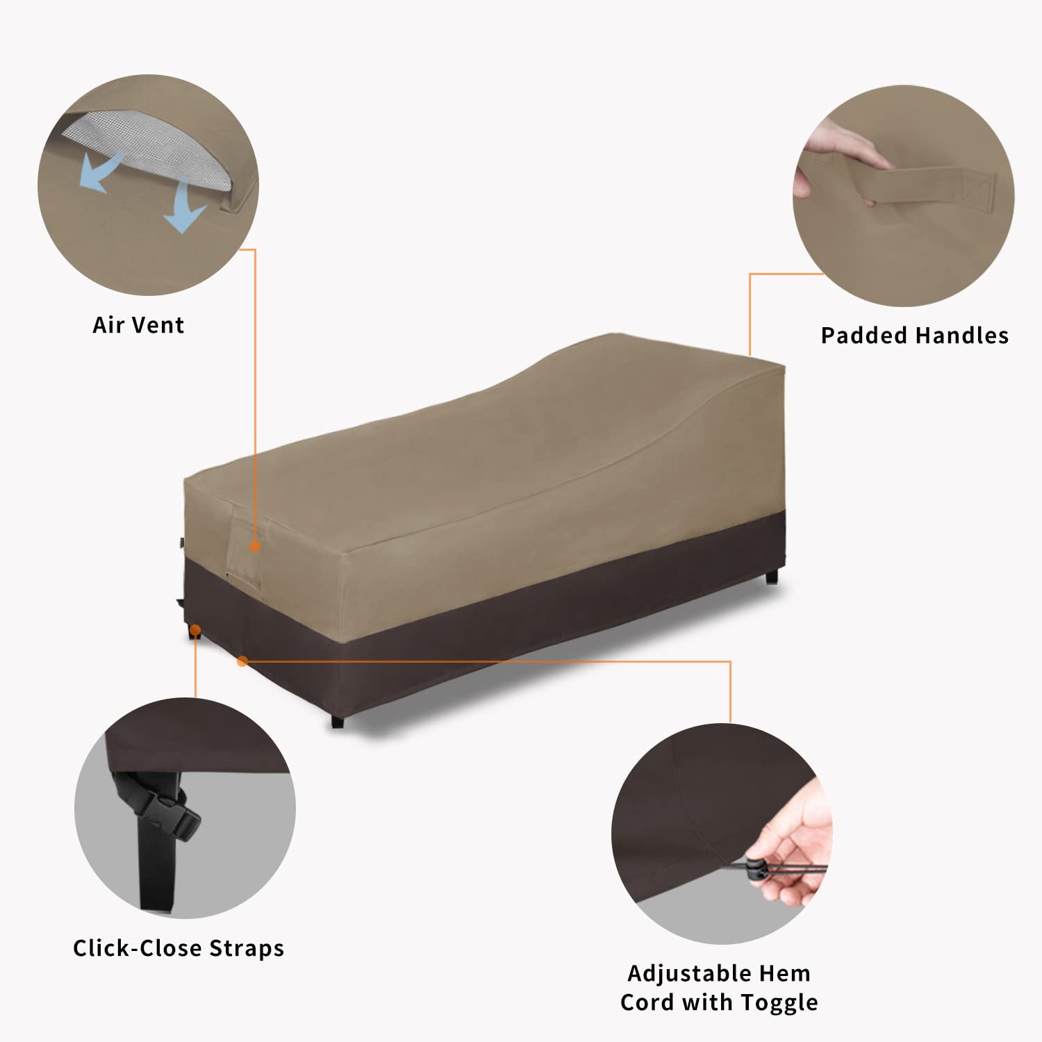 Easy-Going Waterproof Outdoor Chaise Lounge Cover, Heavy Duty Patio Lounge Chair Cover, Windproof Outdoor Furniture Cover With Air Vent 1 Pack-84Wx34Dx32H Inch, Camel/Dark Brown