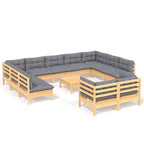 vidaXL Solid Pinewood Patio Lounge Set - 12 Pieces with Gray Cushions, Flexible Configuration, Comfortable Seating, Easy Maintenance, Assembly Required