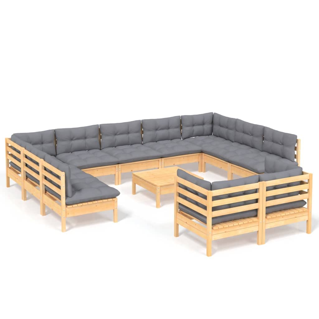 vidaXL Solid Pinewood Patio Lounge Set - 12 Pieces with Gray Cushions, Flexible Configuration, Comfortable Seating, Easy Maintenance, Assembly Required