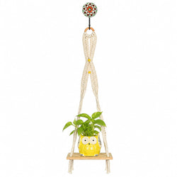 Kaameri Bazaar Macrame Boho Braid Mini Shelve With Owl Shaped Planter And Ceramic Hook  Macrame Wall Hanging L Owl Planter Pot