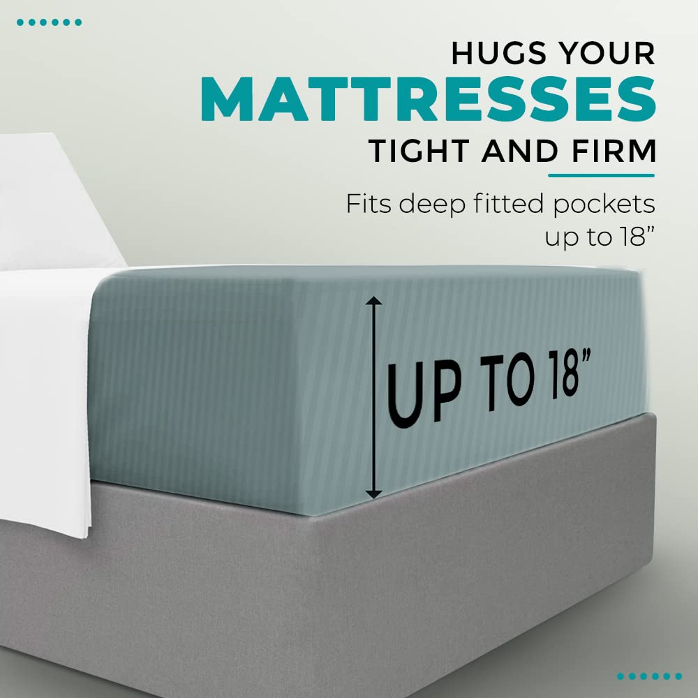 Feather & Stitch 100% Cotton 1 Piece Damask Stripe Full Fitted Sheet 500 Thread Count Granite Green 18' Extra Deep Pocket Sateen Weave Stretchable Boxer Elastic Fits Mattress Perfectly