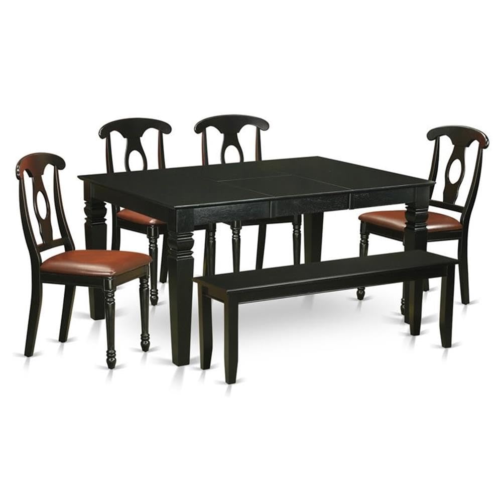 East West Furniture WEKE6D-BLK-LC 6 Piece Dining Table Set Contains a Rectangle Dining Room Table with Butterfly Leaf and 4 Faux Leather Upholstered Chairs with a Bench, 42x60 Inch, Black