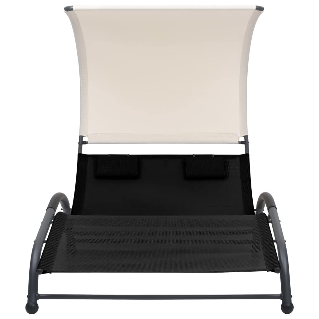 vidaXL Dual Sun Lounger with Canopy - Indoor/Outdoor Black Textilene Lounge Bed with Pillows and Steel Frame