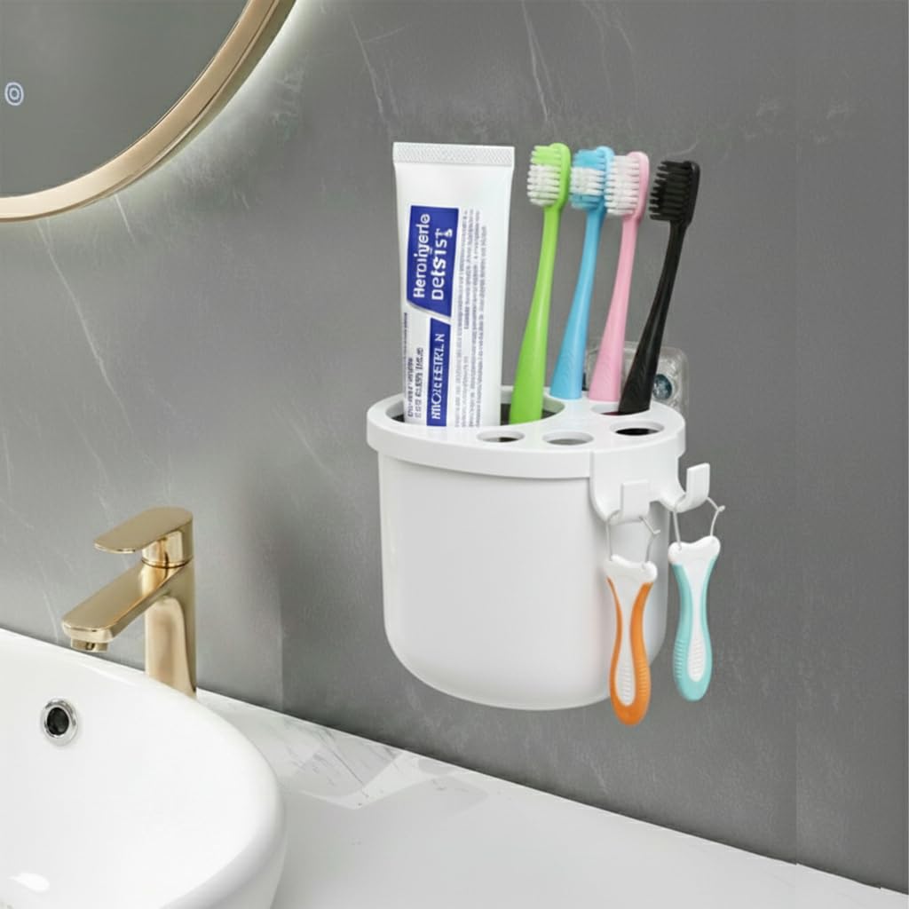 Drill Fast WallMounted Toothbrush Holder & Bathroom Organizer with Toothpaste Slot and Floss Hooks  SpaceSaving Storage Cup 