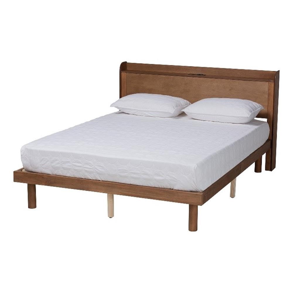 Baxton Studio Decker Mid-Century Modern Transitional Walnut Brown Finished Wood Queen Size Platform Bed with Charging Station