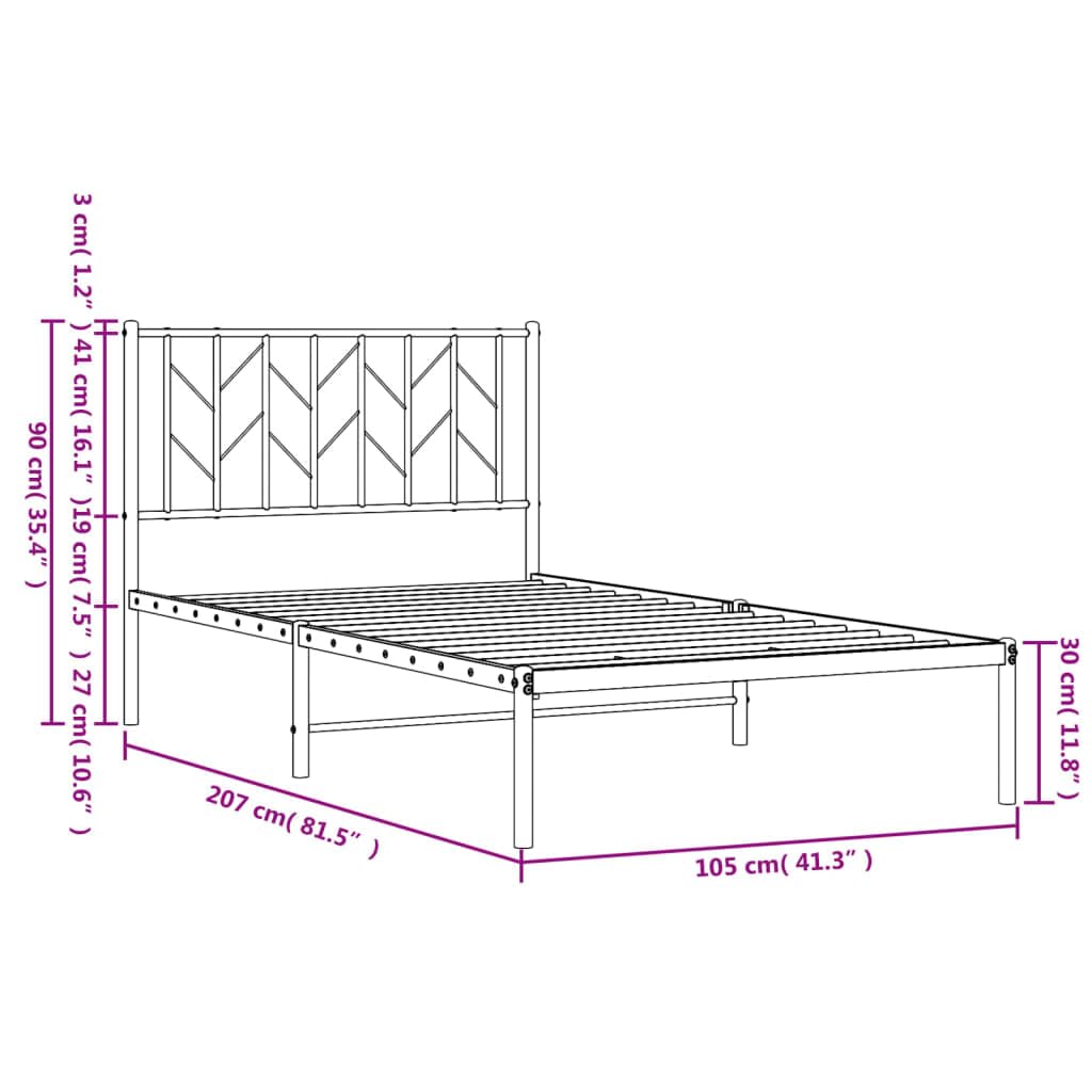 vidaXL Steel Bed Frame with Supportive Headboard and Extra Under-Bed Storage Space - Black Single Bed for Bedroom