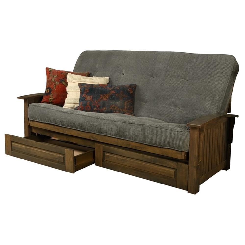 Kodiak Furniture Washington Queen Size Futon Frame with Storage Drawers - Wood Futon Frame with Mattress Included in Thunder Gray Color