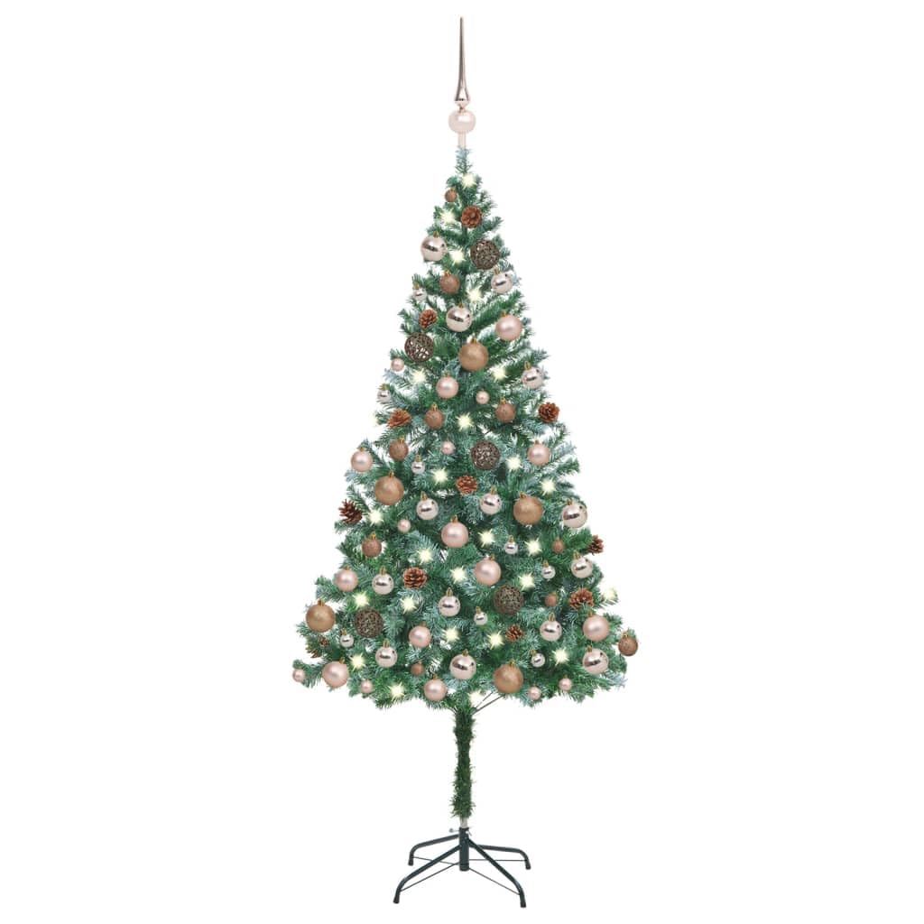 Vidaxl Artificial Prelit Christmas Tree W/Balls & Pinecones  70.9 Inch  Led Xmas Tree  Frosted Tips, Shiny/Matt/Glitter Rose Gold