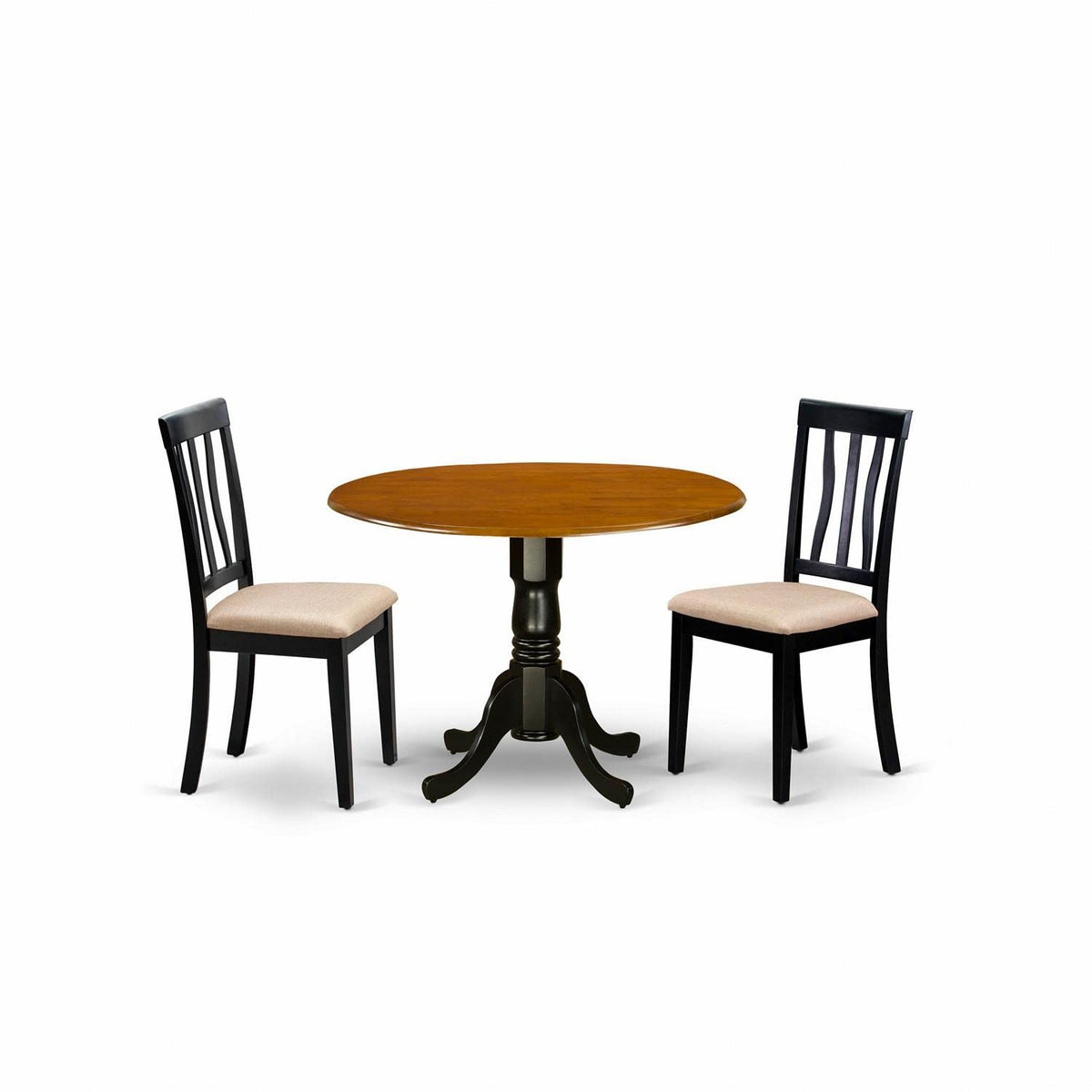 East West Furniture DLAN3-BCH-C 3 Piece Dining Room Table Set Contains a Round Kitchen Table with Dropleaf and 2 Linen Fabric Upholstered Dining Chairs, 42x42 Inch, Black & Cherry