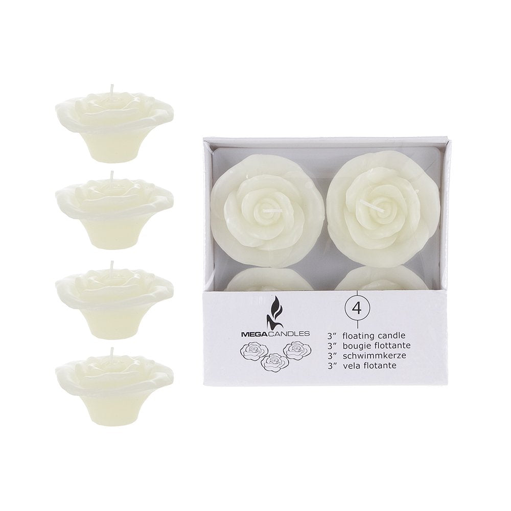 Mega Candles - Unscented 3 Floating Rose Flower Candles - Ivory, Set of 4
